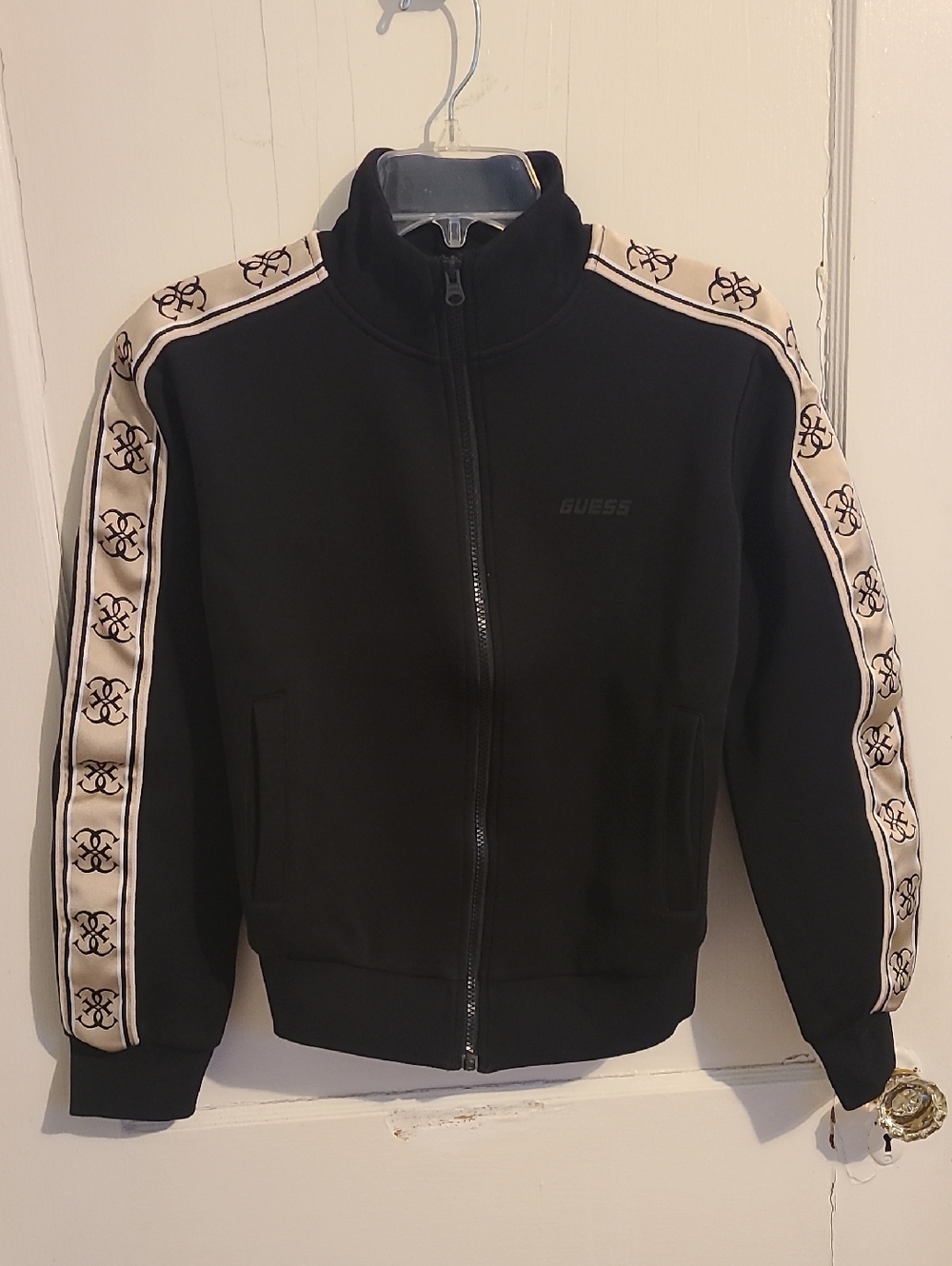 GUESS Black Jacket with Beige Logo-Trimmed Sleeves